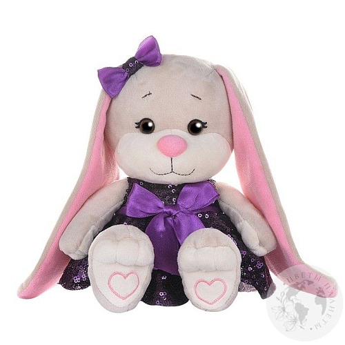 Мягкая игрушка "Зайка в фиолетовом платьице с пайетками" 20 см, в коробке Мягкая игрушка "Зайка в фиолетовом платьице с пайетками" 20 см, в коробке в магазине Праздничный маркет